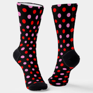 Chaussette Rouge et rose sur fond noir à pois design