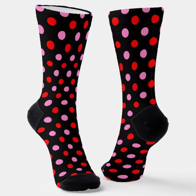 Chaussette Rouge et rose sur fond noir à pois design  (Angulaire)