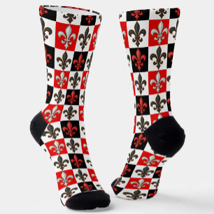 Chaussette Rouge Noir Blanc À damiers Fleur de lis Design