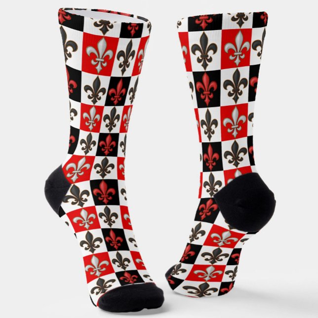 Chaussette Rouge Noir Blanc À damiers Fleur de lis Design (Créateur téléchargé)