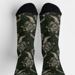 Chaussette Rougequeues dans les chrysanthèmes en vert et blan