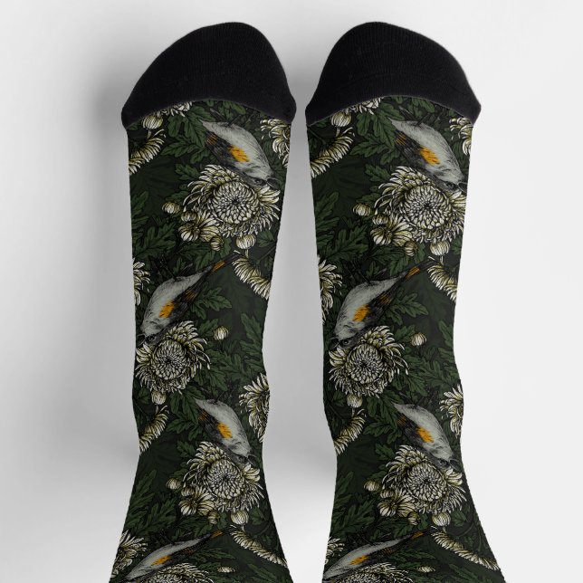Chaussette Rougequeues dans les chrysanthèmes en vert et blan (Haut)