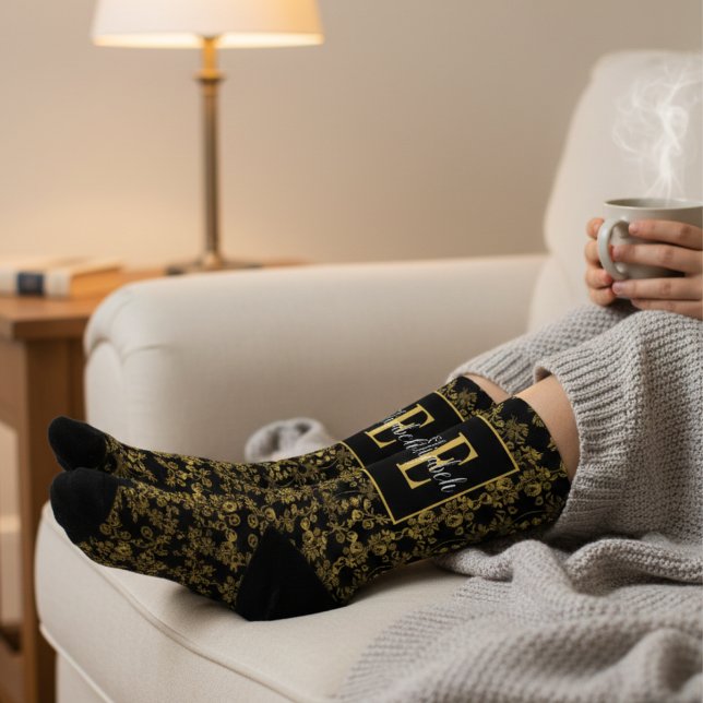 Chaussette Royal Black & Gold Damask Floral Pattern Monogram (Créateur téléchargé)