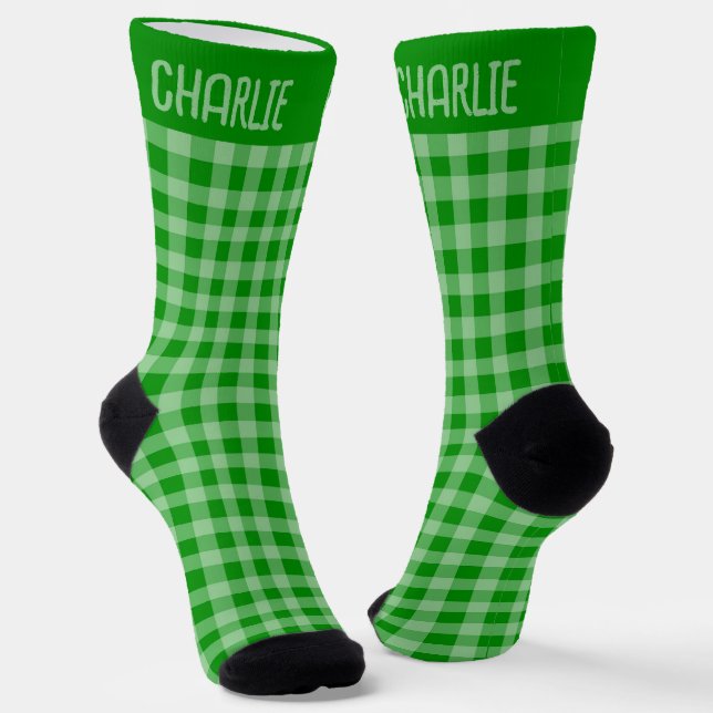 Chaussette Rustic Green Plaid Custom Name on Gingham Pattern (Angulaire)