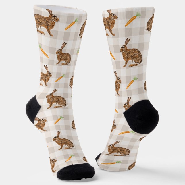 Chaussette Rustic Spring Rabbits And Carrots Beige Gingham (Angulaire)