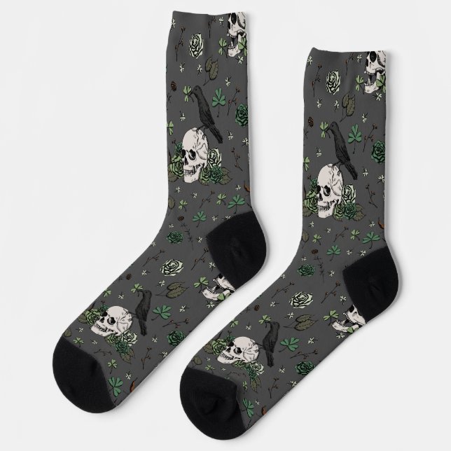 Chaussette Saint Patrick's Day Dark Grey & Green Skulls & Ros (Gauche)