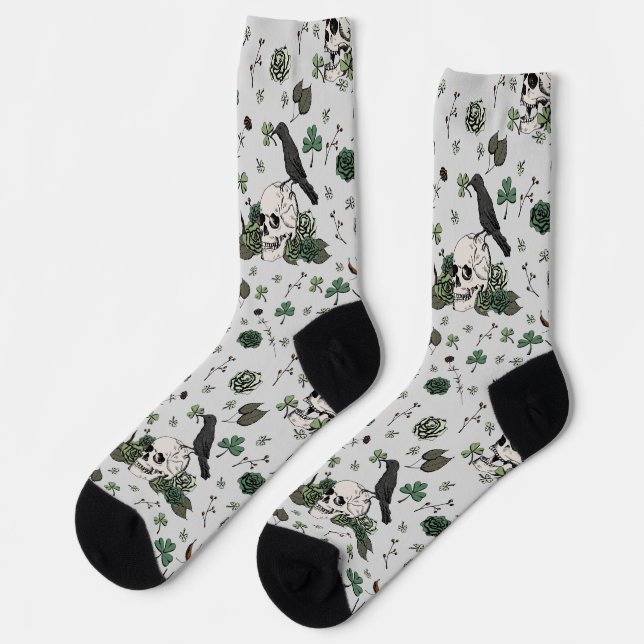 Chaussette Saint Patrick's Day Grey & Green Skulls & Rose (Gauche)