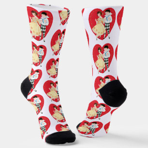 Chaussette Saint-Valentin rétro, Arlequin et cœur vintage