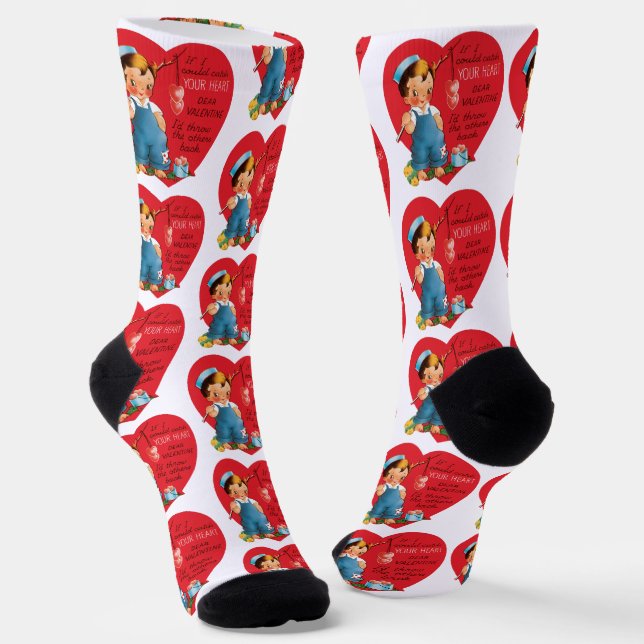 Chaussette Saint-Valentin rétro, garçon pêcheur de cœurs vint (Angulaire)