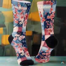 Sakura Patchwork Socks with Blue and Pink Elegance