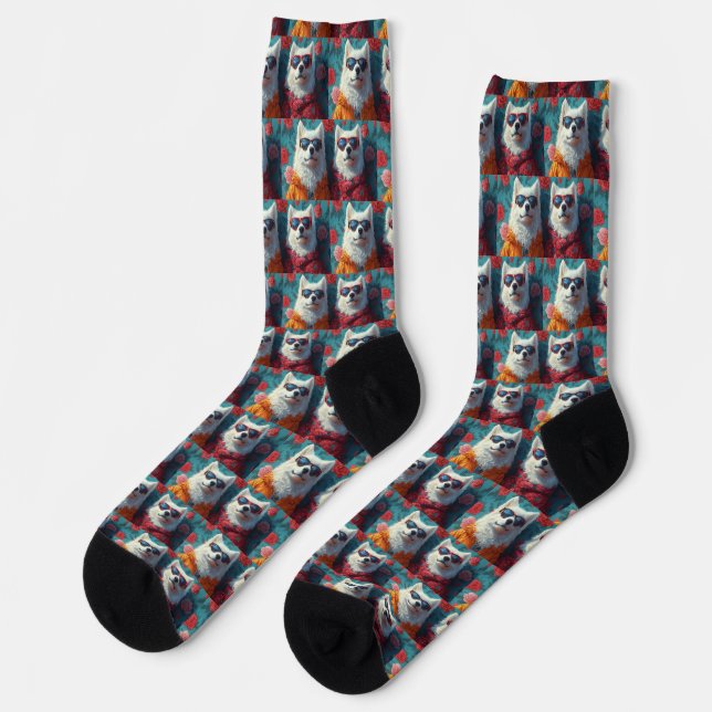 Chaussette Samoyed aux roses du cœur pour la Saint-Valentin (Gauche)