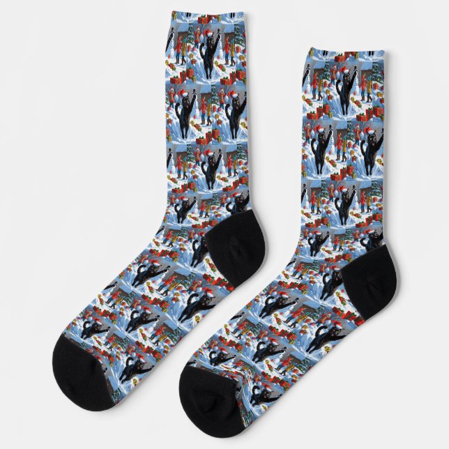 Chaussette Scène de neige festive de Noël Black Cat (Gauche)