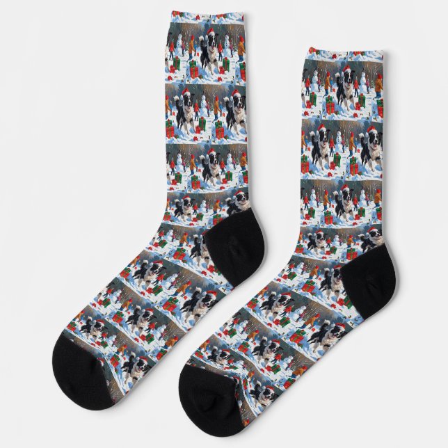 Chaussette Scène de Noël festive Border Collie enneigée (Gauche)
