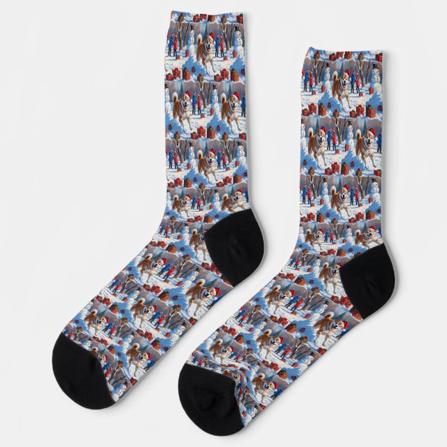 Chaussette Scène enneigée festive d'Akita Noël  (Gauche)