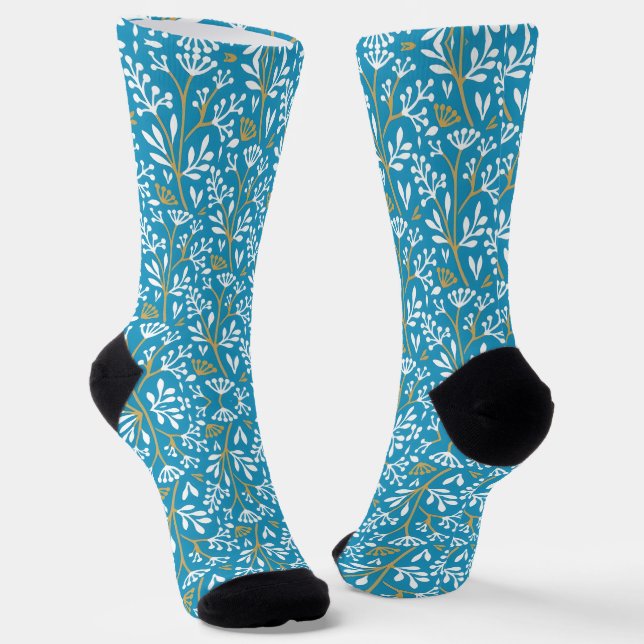 Chaussette Seamless Floral Pattern: White and Gold on Blue (Angulaire)