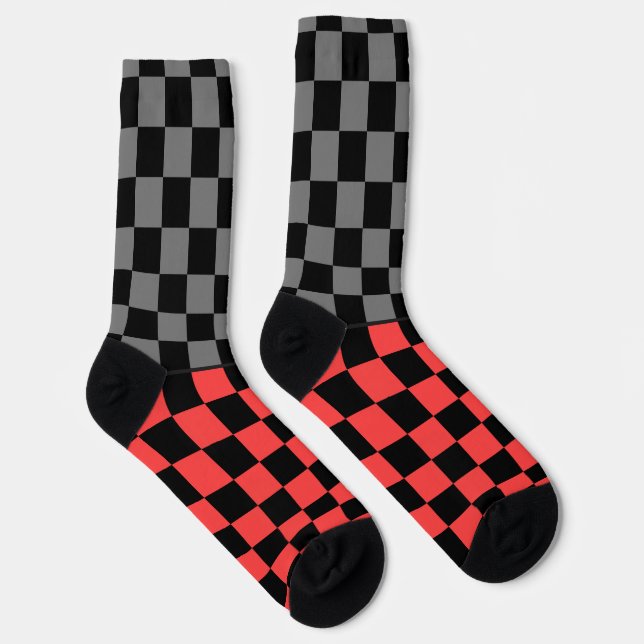 Chaussette Secretly Wild check gray red on black (Droite)