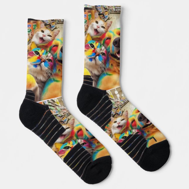Chaussette Selfie d'animaux arc-en-ciel dans un supermarché – (Droite)