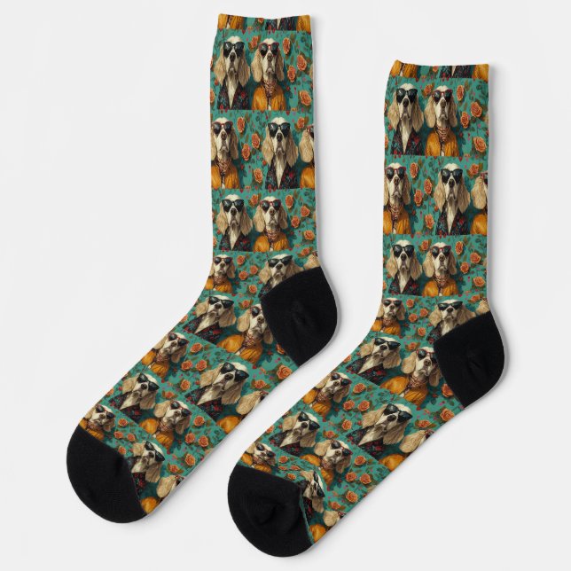 Chaussette Setter Anglais Avec Roses De Coeur Saint-Valentin  (Gauche)
