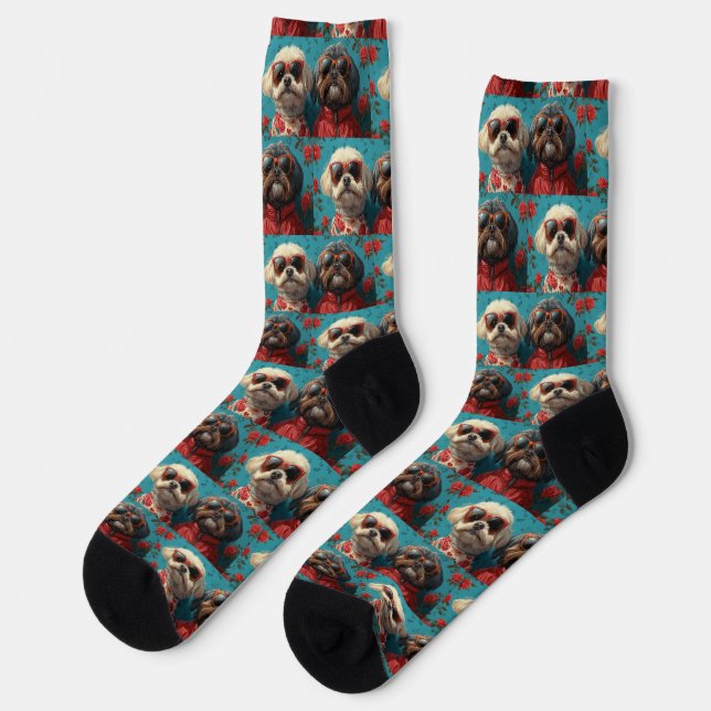 Chaussette Shih Tzu avec Roses de coeur Saint Valentin (Gauche)