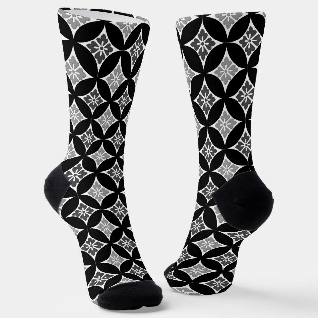 Chaussette Shippo avec Motif Fleur, Blanc Noir & Gris (Angulaire)