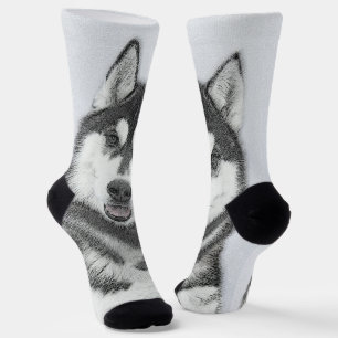 Chaussette Sibérie Husky (noir et blanc) Peinture Chien Art