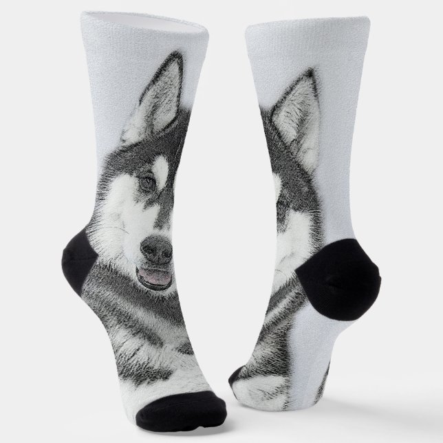 Chaussette Sibérie Husky (noir et blanc) Peinture Chien Art (Angulaire)