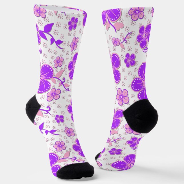 Chaussette Simple Impression Florale Aquarelle Violet et Rose (Angulaire)
