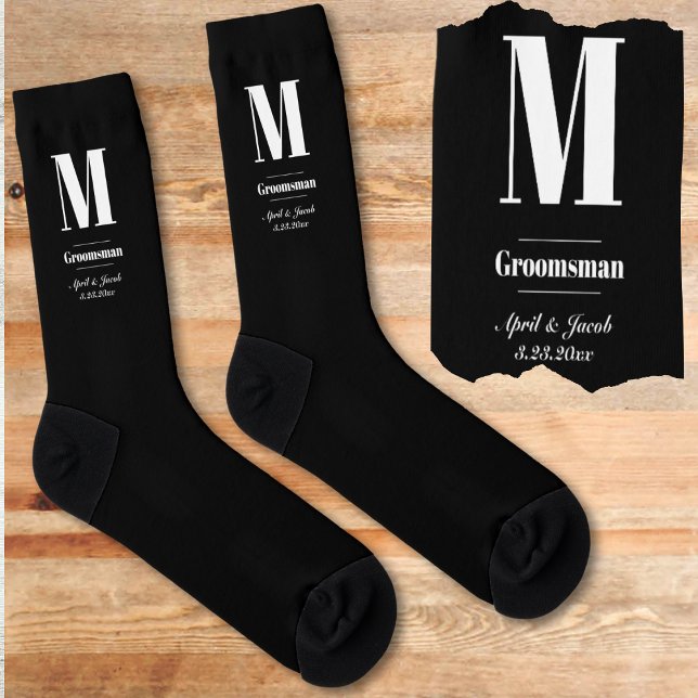 Chaussette Simple Monogramme initial Groomsmen Mariage cadeau (Black groomsmen gift best man socks monogram initial couple wedding date name groomsman sock present)