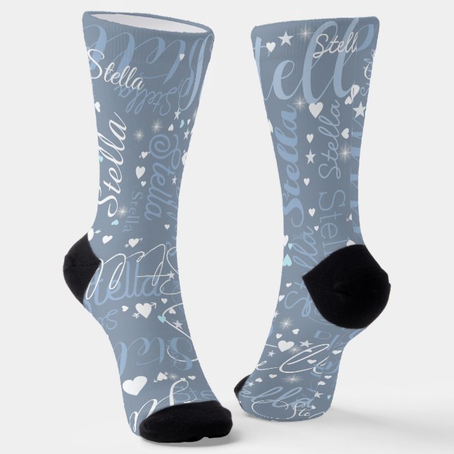 Chaussette Son nom, Splashed Coeurs mignons et étoiles Bleu (Angulaire)
