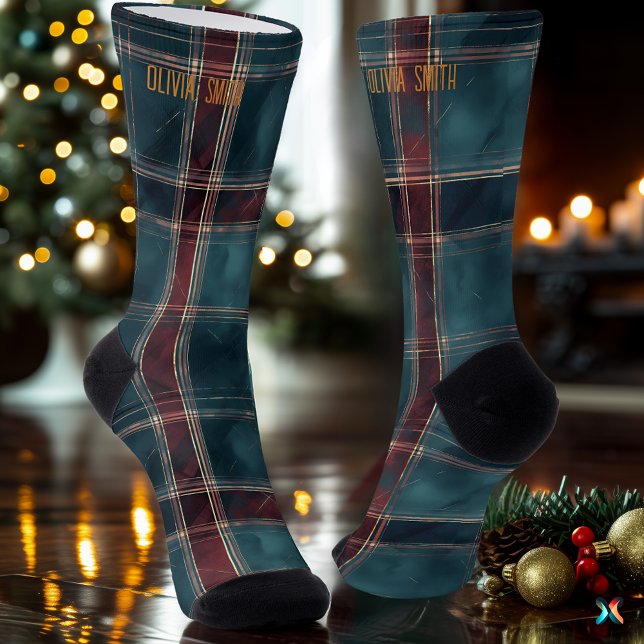 Chaussette Sophistiqué Turquoise et Bourgogne Noël Plaid (Créateur téléchargé)