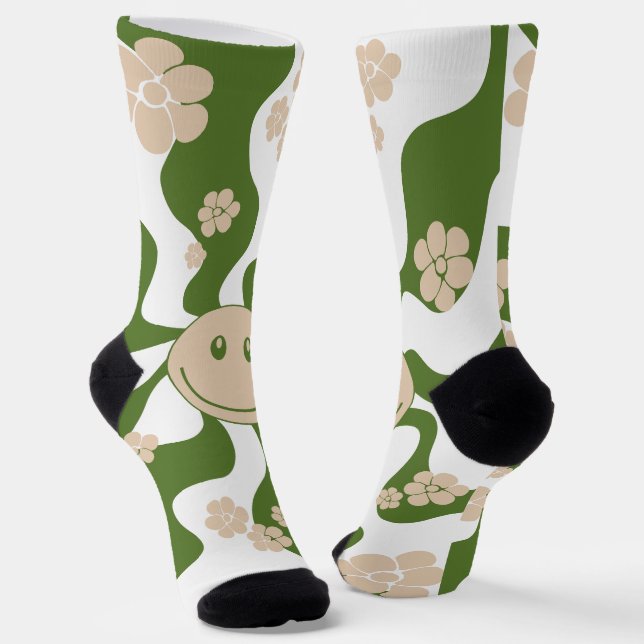 Chaussette Sourire en blanc, sable & palme vert (Angulaire)