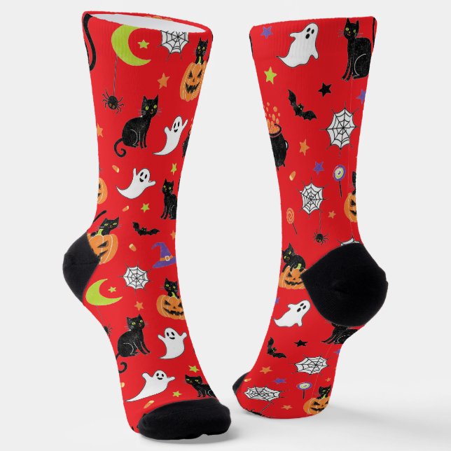Chaussette Spooky Black Cat & Ghost Halloween Pattern Socks (Angulaire)