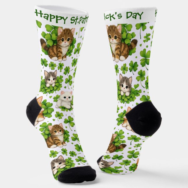 Chaussette St. Patrick's Day Cute Kitten & Shamrock Cat Lover (Angulaire)