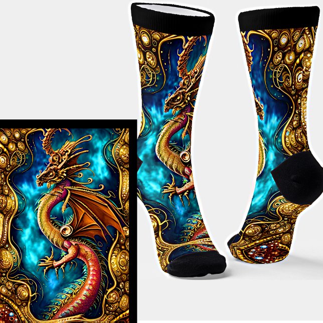 Chaussette Steampunk Golden Dragon & Blue Sky sur Black (Créateur téléchargé)