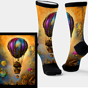 Chaussette Steampunk Mauve & Blue Hot Air Balloon Orange Sky