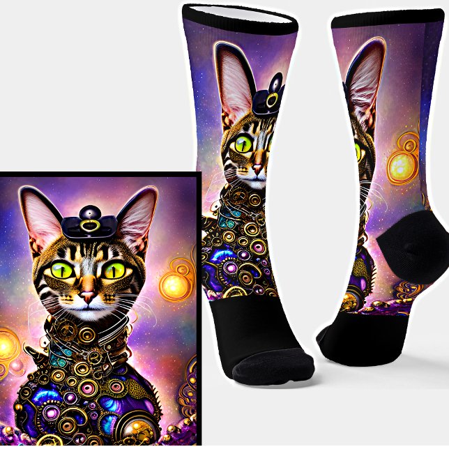 Chaussette Steampunk métal goth Golden Chat sur noir (Créateur téléchargé)