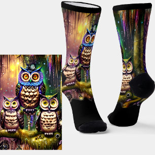 Chaussette Steampunk Owl Family in the Forest on Black       