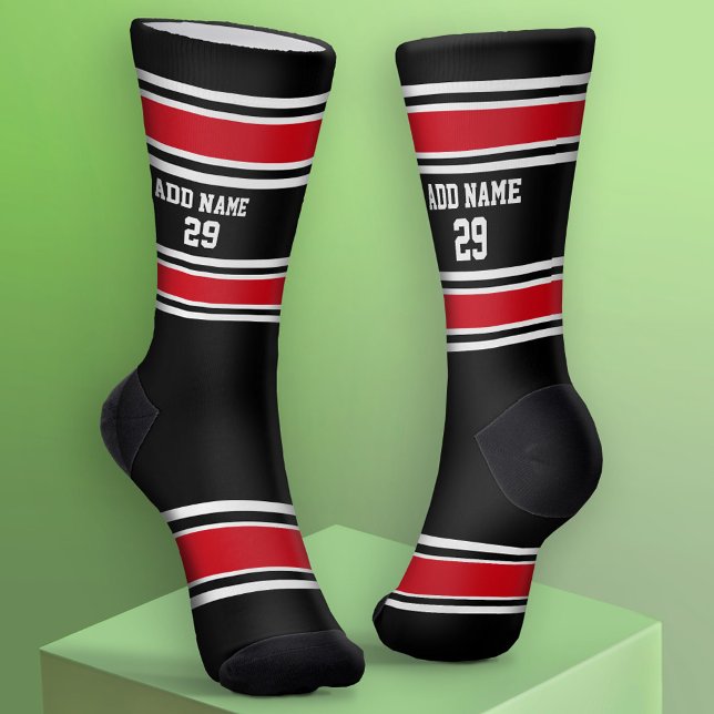 Chaussette Stripes de Jersey Sport noir et rouge - Numéro de  (Custom Sport Socks - Add Jersey Name and Number)