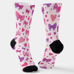 Chaussette Style Coquette Rose Violet Nœud & Motif de Cœur