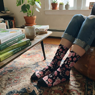 Chaussette Stylé rose motif floral imprimé sur noir