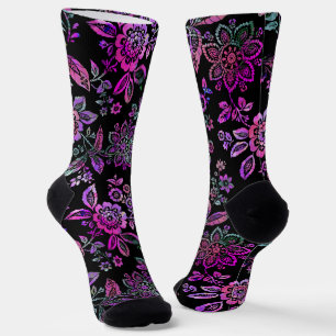 Chaussette Stylisé Crayon rose floral sur noir Arrosé