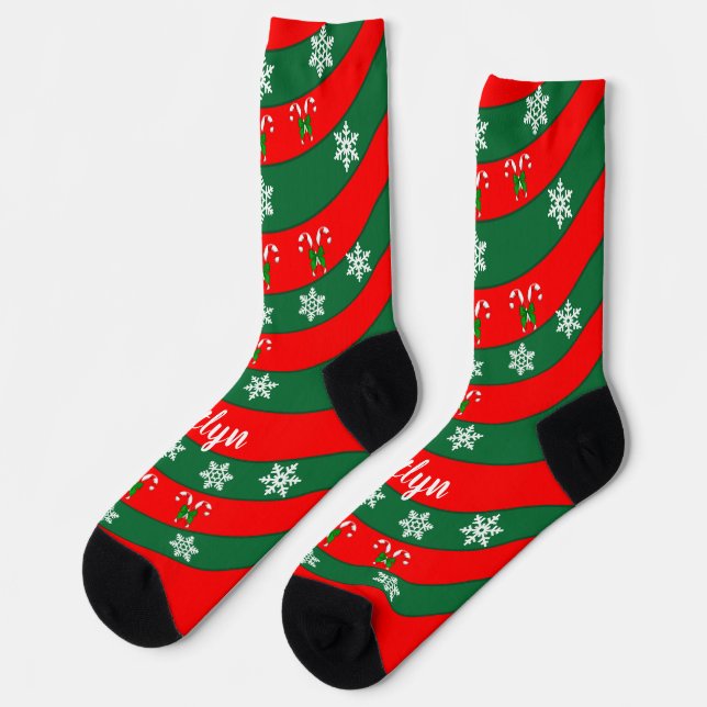 Chaussette Sucres de canne & Snowflakes Rouge et vert Noël (Gauche)