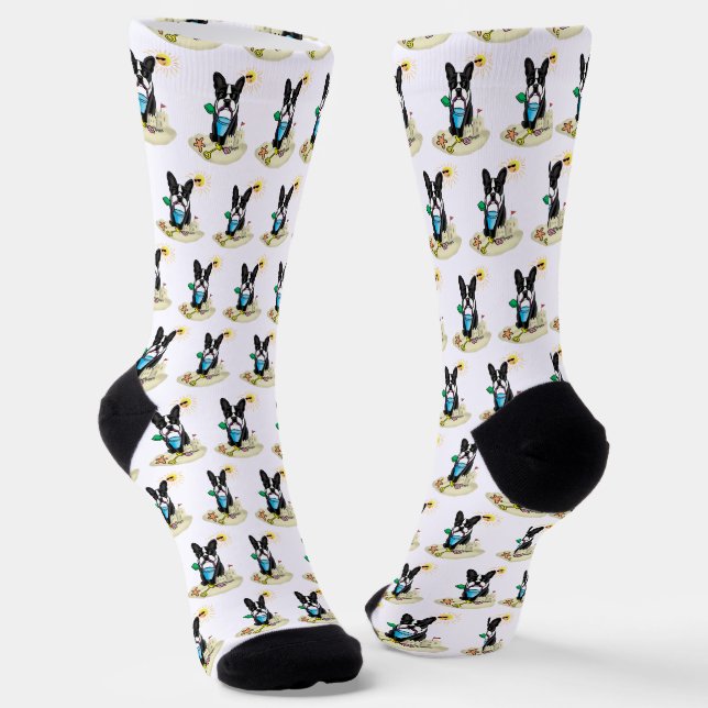 Chaussette Summer Beach Boston Terrier (noir) - Chien mignon (Angulaire)