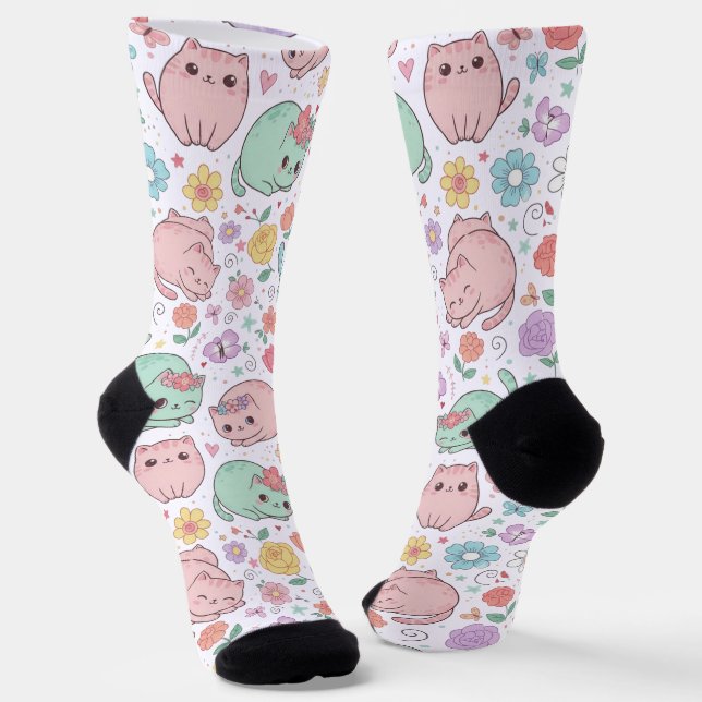 Chaussette Sweet Pastel Kawaii Cat and Spring Floral Pattern  (Angulaire)