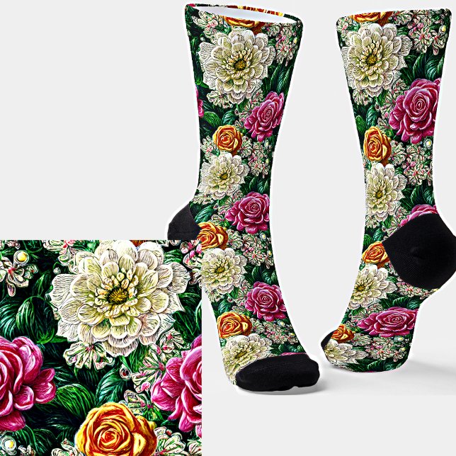 Chaussette Tapisserie Illustration Rose Blanc Or Fleurs (Créateur téléchargé)