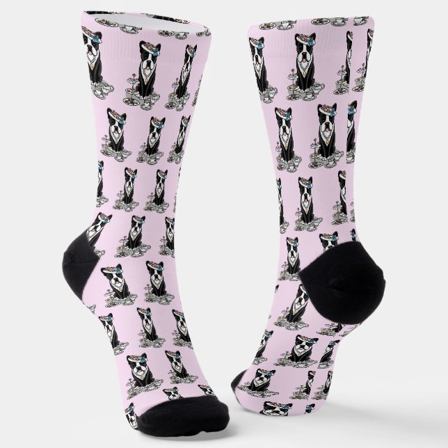 Chaussette Tea Party Boston Terrier (noir) mignon chien (Angulaire)