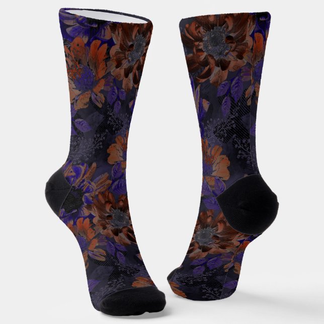 Chaussette Terracotta, fleurs violettes sur un gris velouté (Angulaire)