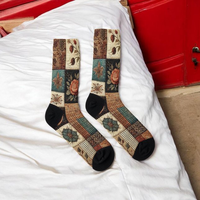 Chaussette Terre cuite Patchwork Quilt Motif Retro Floral (Créateur téléchargé)