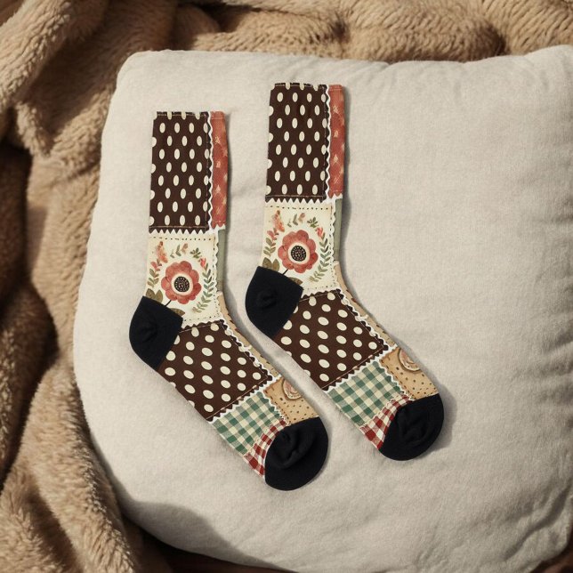 Chaussette Terre cuite Patchwork Quilt Motif Retro Floral (Créateur téléchargé)