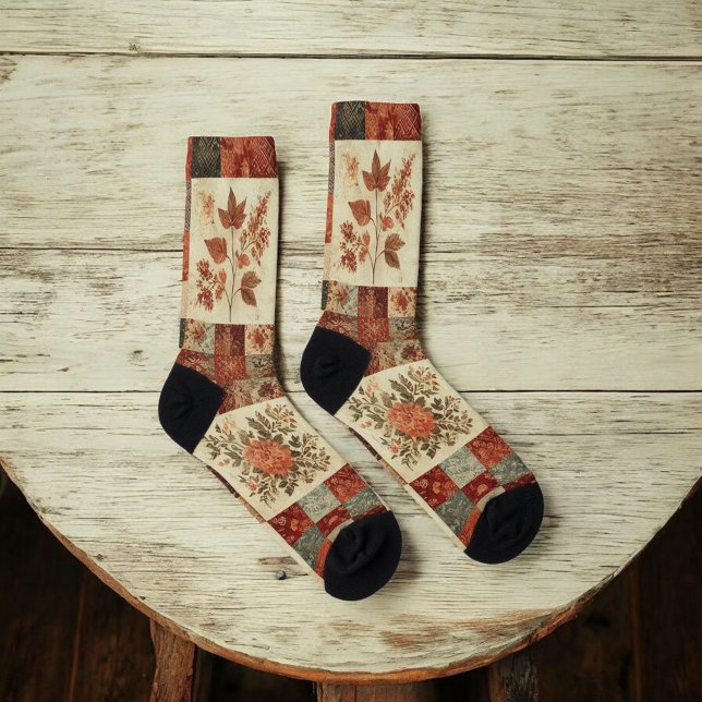Chaussette Terre cuite Patchwork Quilt Motif Retro Floral (Créateur téléchargé)